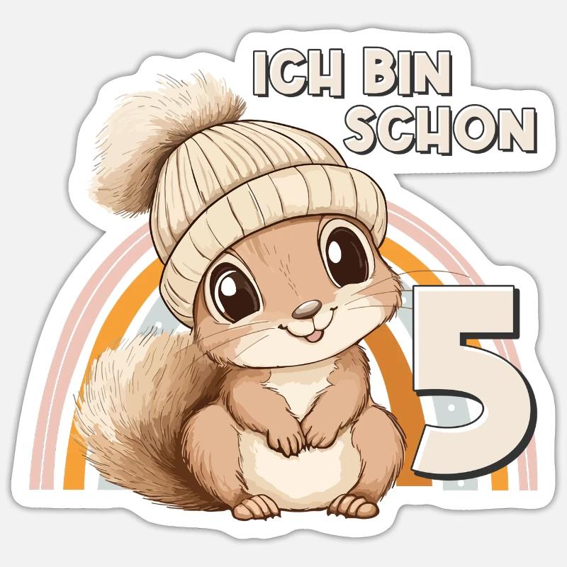 5. Geburtstag Eichhörnchen Regenbogen Süß Niedlich Sticker Größe S (10 x 10 cm)