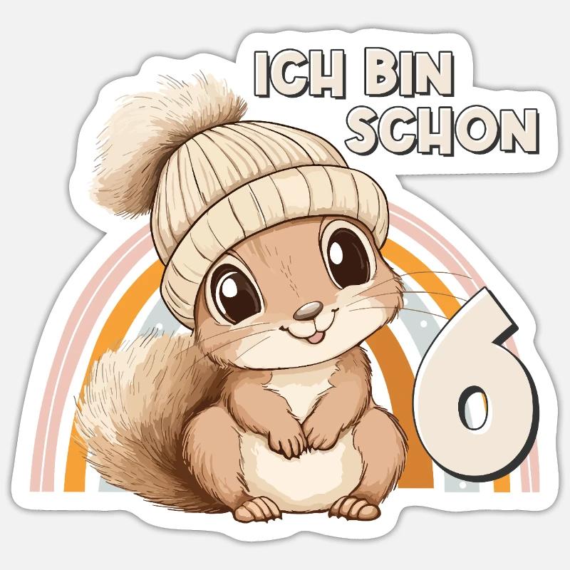 6. Geburtstag Eichhörnchen Regenbogen Süß Niedlich Sticker Größe S (10 x 10 cm)