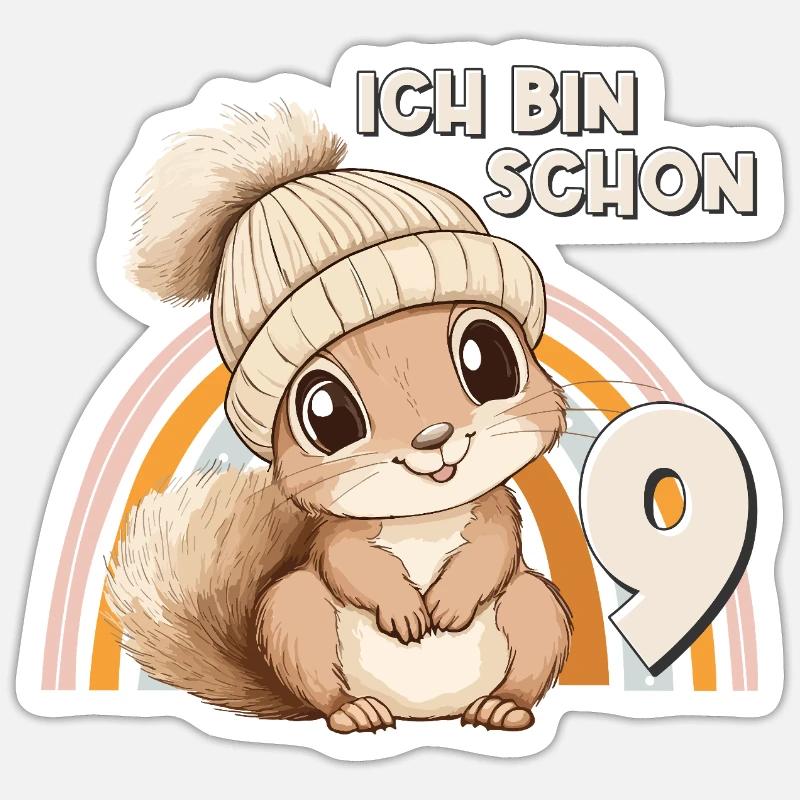 9. Geburtstag Eichhörnchen Regenbogen Süß Niedlich Sticker Größe S (10 x 10 cm)