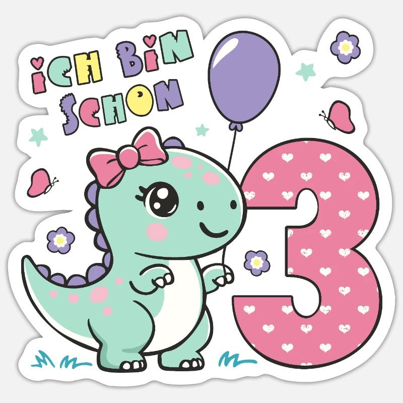 3. Geburtstag niedlicher Dino Mädchen Geschenk - Sticker Größe S (10 x 10 cm) - Mattweiß