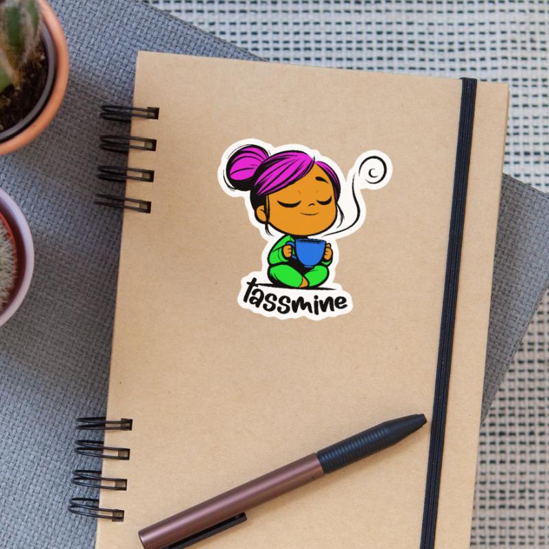 Tassmine enspannt mit einer Tasse Tee oder Kaffee Sticker Größe S (10 x 10 cm)