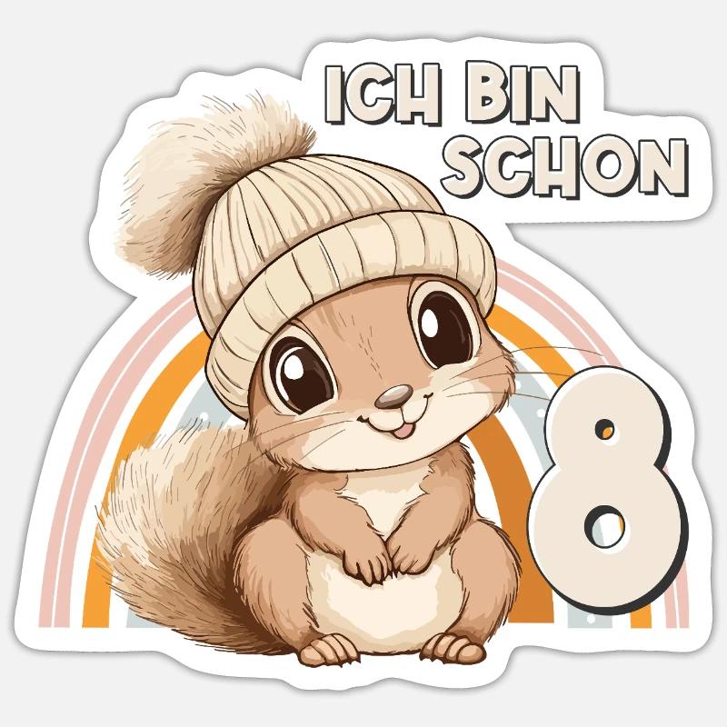8. Geburtstag Eichhörnchen Regenbogen Süß Niedlich Sticker Größe S (10 x 10 cm)