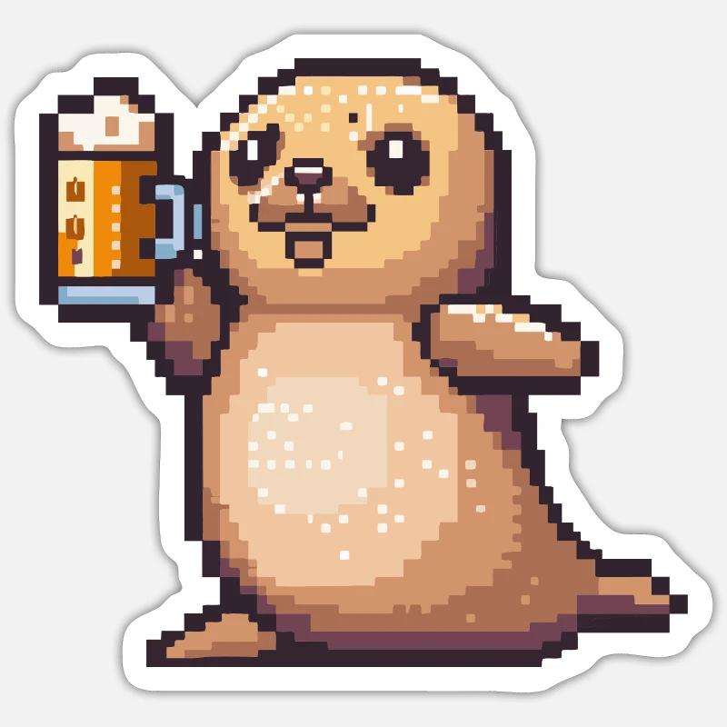 Robbe Tier Pixel Bier - Sticker Größe S (10 x 10 cm) - Mattweiß
