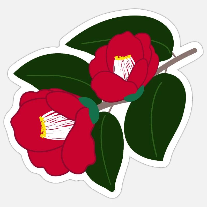Deux fleurs de camélia rouge - Sticker taille S (10 x 10 cm) - blanc mat