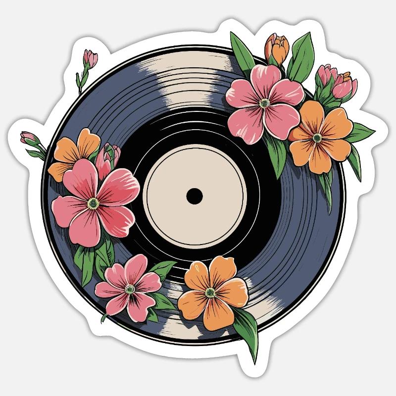 Blumen auf Schallplatte - Retro Vinyl Artwork - Sticker Größe S (10 x 10 cm) - Mattweiß