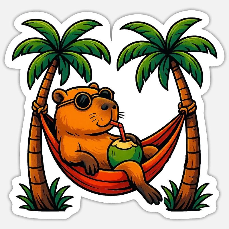 Tropical capybara Relaxing in Coconut Hammock - Sticker taille S (10 x 10 cm) - blanc mat