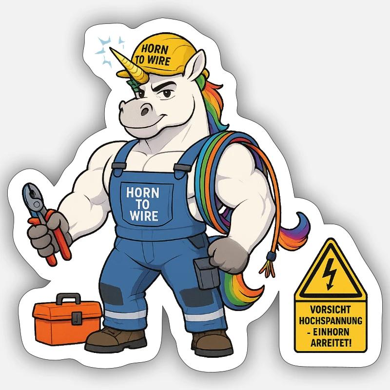 Elektro Einhorn Handwerker - Sticker Größe S (10 x 10 cm) - Mattweiß