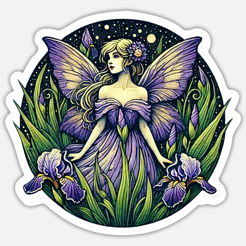 Fée enchantée dans le jardin d'iris - Sticker taille S (10 x 10 cm) - blanc mat