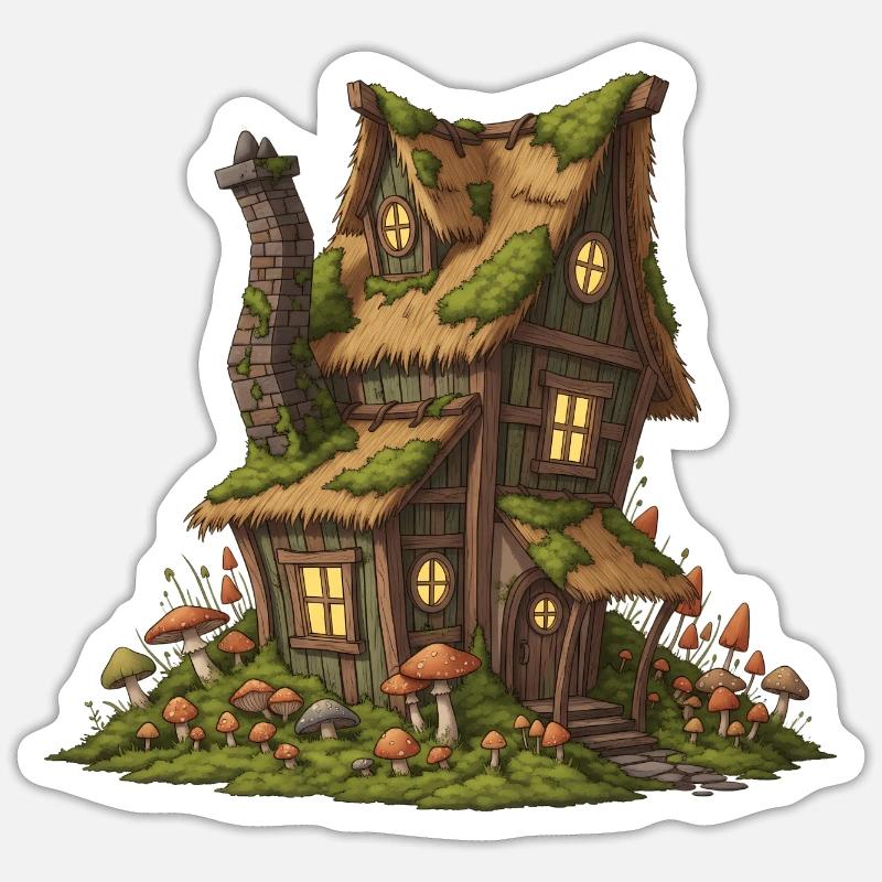 Fabuleuse maison forestière avec champignons - Sticker taille S (10 x 10 cm) - blanc mat