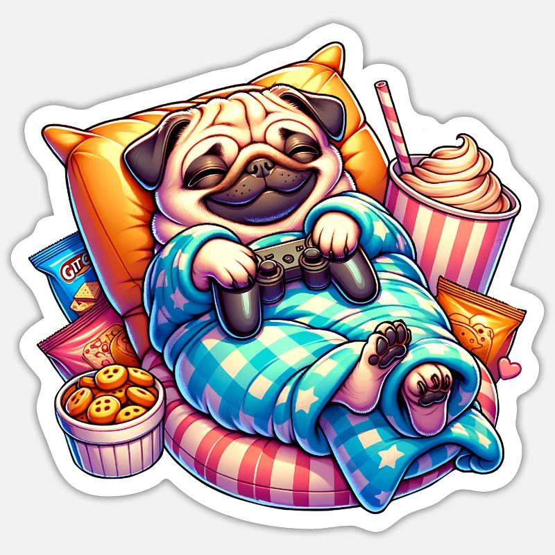 Relaxed Gaming Pug with Snacks - Sticker size S (10 x 10 cm) - white matte