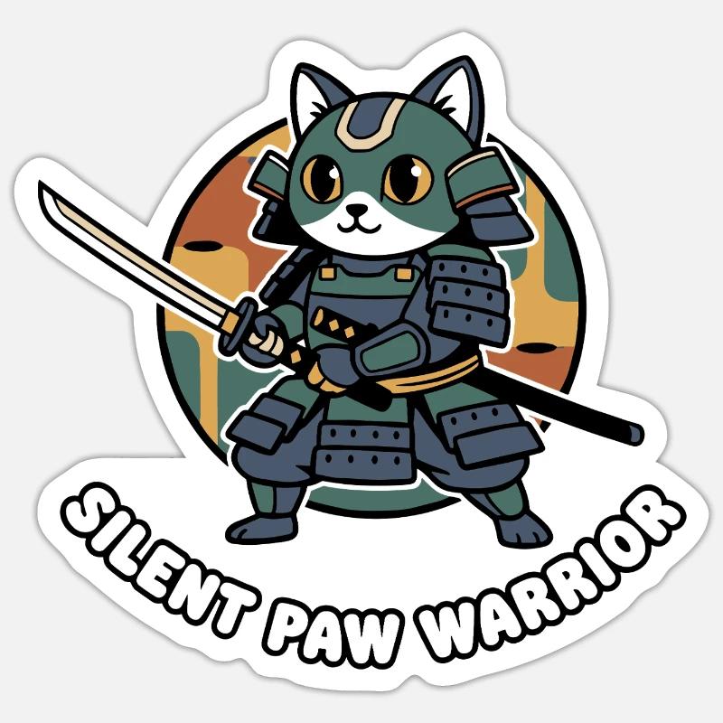 Silent Paws Samouraï Guerrier Chat - Sticker taille S (10 x 10 cm) - blanc mat