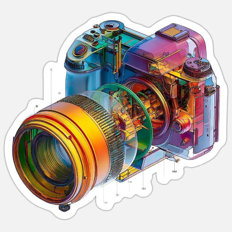 Regenbogenkamera als CAD-Design in Farbexplosion Sticker Größe S (10 x 10 cm)