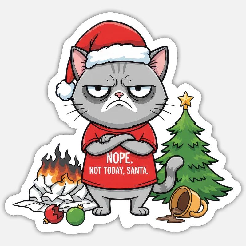 Grim Christmas cat refuses Santa Sticker size S (10 x 10 cm)