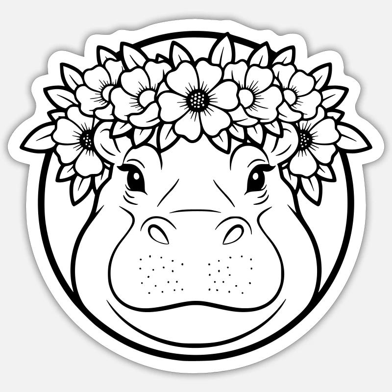 Hippopotamus Floral Wreath Boho Outline Vector Sticker size S (10 x 10 cm)