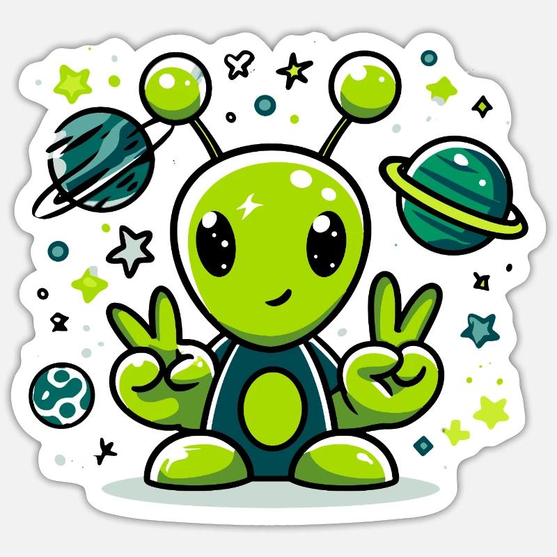 Green alien in space fun - Sticker size S (10 x 10 cm) - white matte