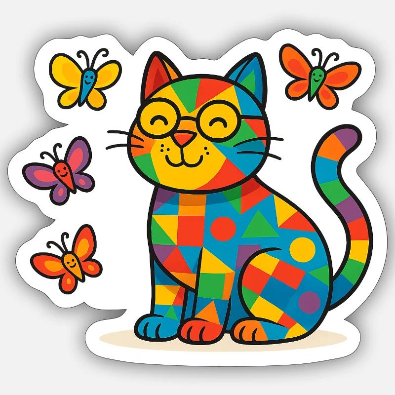 Patchwork Cat and Butterflies - Sticker size S (10 x 10 cm) - white matte