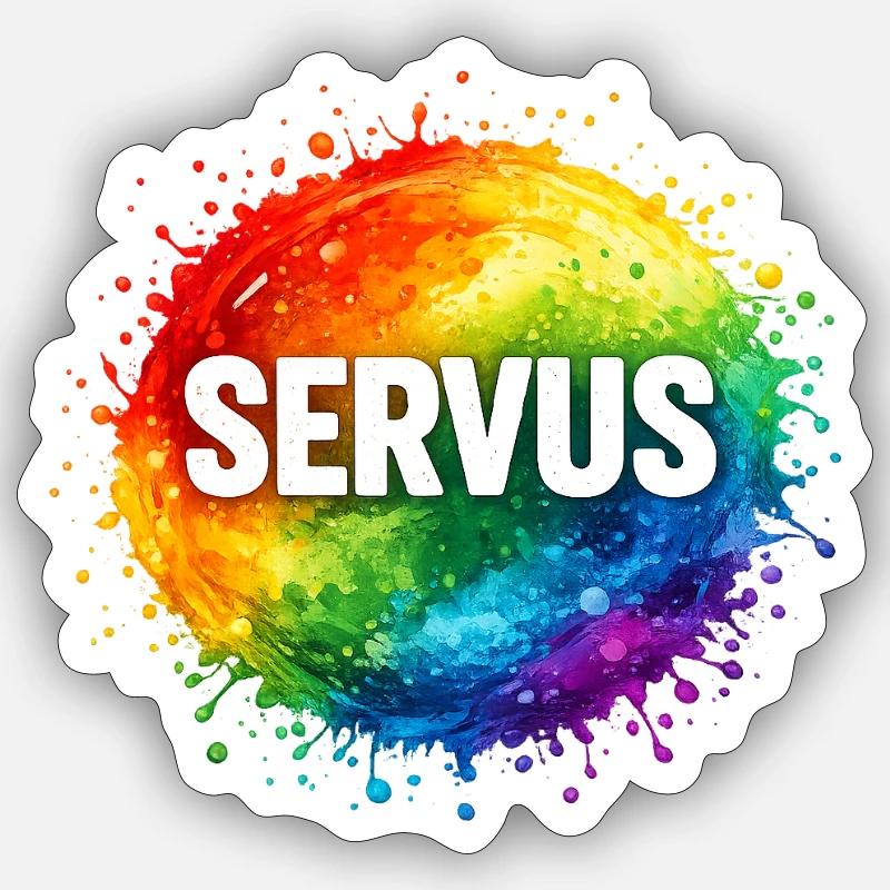 Bunte Farbexplosion SERVUS - Sticker Größe S (10 x 10 cm) - Mattweiß