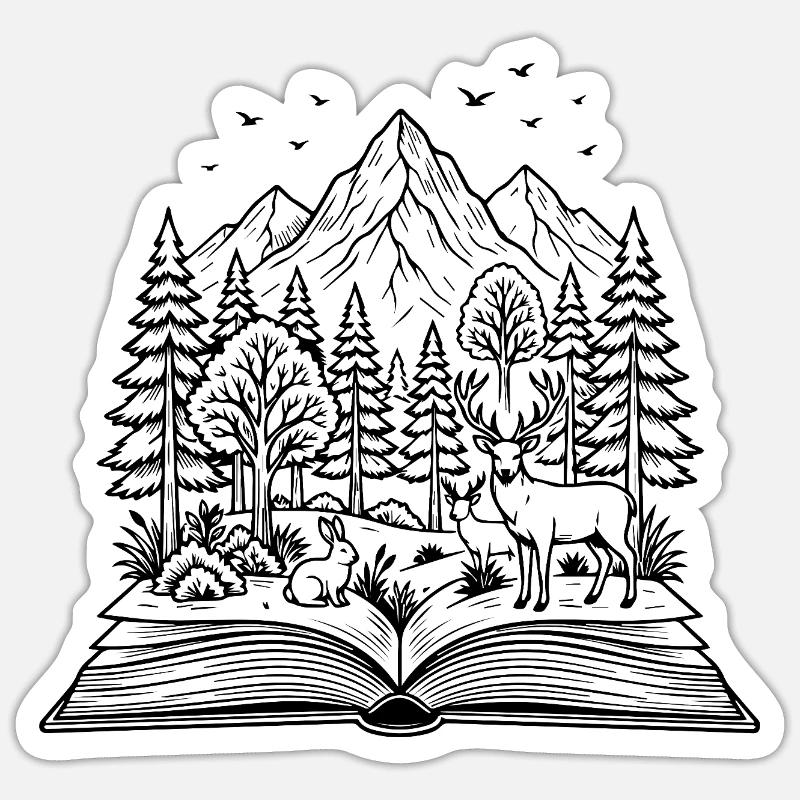 Offenes Buch mit Wald, Hirsch & Kaninchen Design Sticker Größe S (10 x 10 cm)