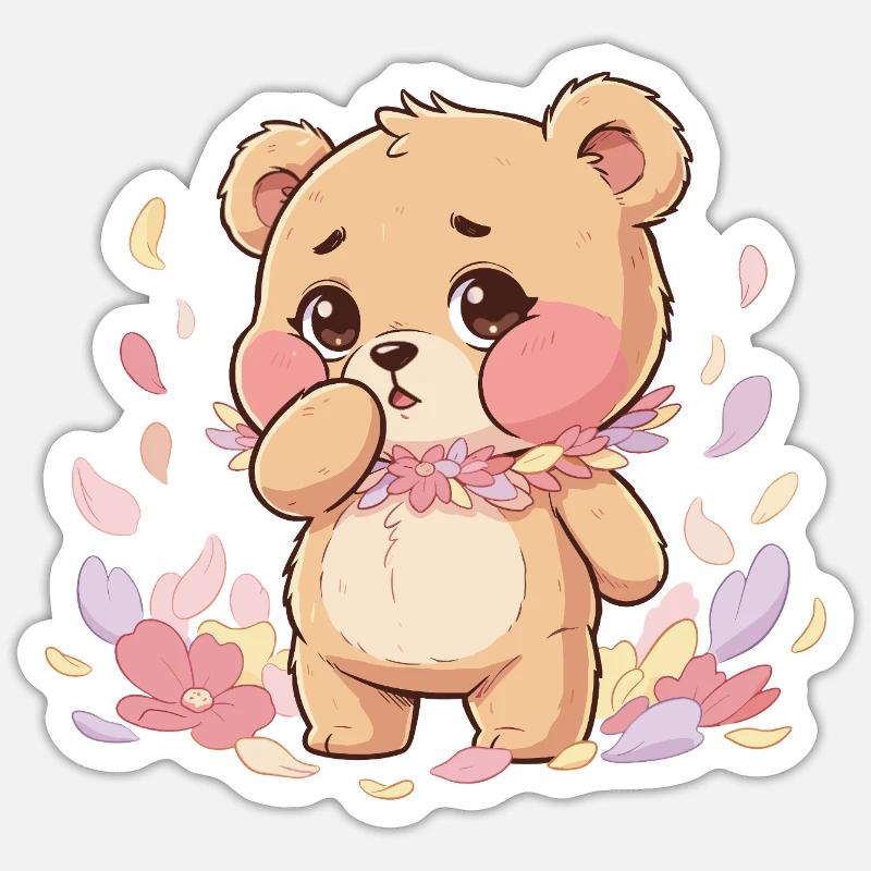 Zarter Bär mit Blütenkranz - Sticker Größe S (10 x 10 cm) - Mattweiß