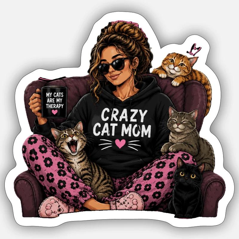 Crazy Cat Mom Pullover Hoodie - Sticker size S (10 x 10 cm) - white matte