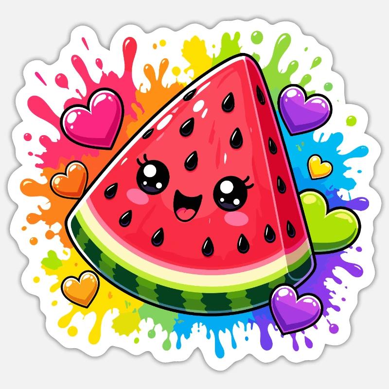 Pastèque Kawaii avec arc-en-ciel - Sticker taille S (10 x 10 cm) - blanc mat