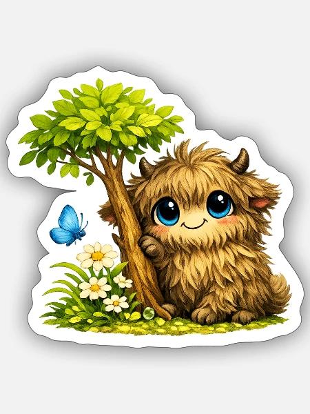 Süßes Zottelvieh Rind auf Blumenwiese - Sticker Größe S (10 x 10 cm) - Mattweiß