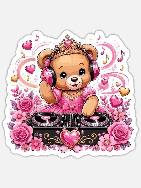Pinkes Teddy DJ Prinzessin - Sticker Größe S (10 x 10 cm) - Mattweiß