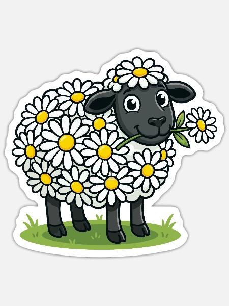 Schäfchen mit Gänseblümchenkranz - Sticker Größe S (10 x 10 cm) - Mattweiß