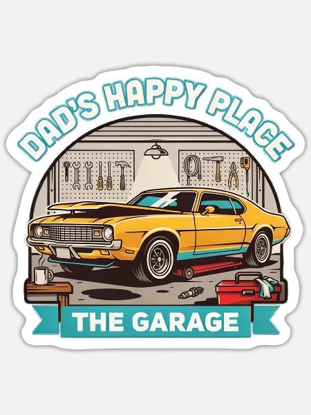 Dad's Happy Place – Garage - Sticker Größe S (10 x 10 cm) - Mattweiß