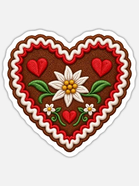 Lebkuchenherz mit Edelweiß - Sticker Größe S (10 x 10 cm) - Mattweiß