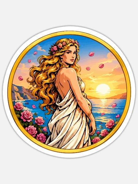 Sonnenuntergangsgöttin mit Rosen - Sticker Größe S (10 x 10 cm) - Mattweiß