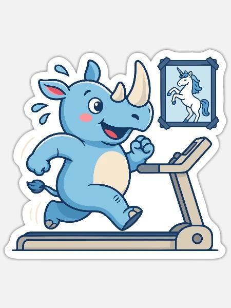 Nashorn Beim Lauftraining Mit Einhorn Fitness - Sticker Größe S (10 x 10 cm) - Mattweiß
