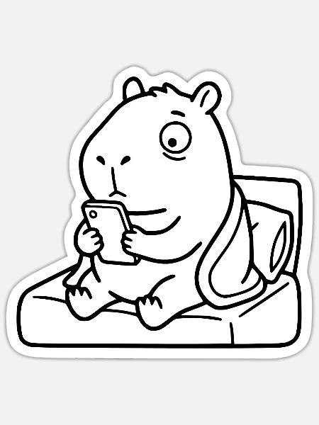 Müde Capybara scrollt Handy Schlafenszeit-Linien-Kunst - Sticker Größe S (10 x 10 cm) - Mattweiß