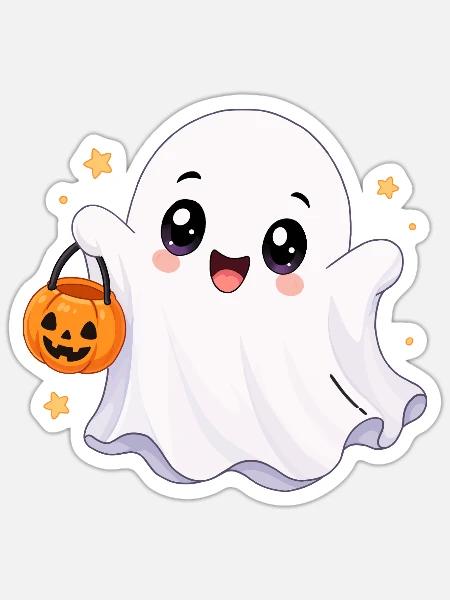Süßer Kawaii Geist mit Kürbis - Sticker Größe S (10 x 10 cm) - Mattweiß