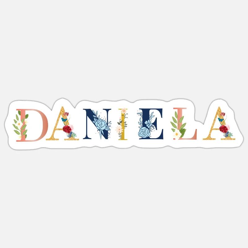 Art du prénom DANIELA avec fleurs brodées - Sticker taille S (10 x 10 cm) - blanc mat