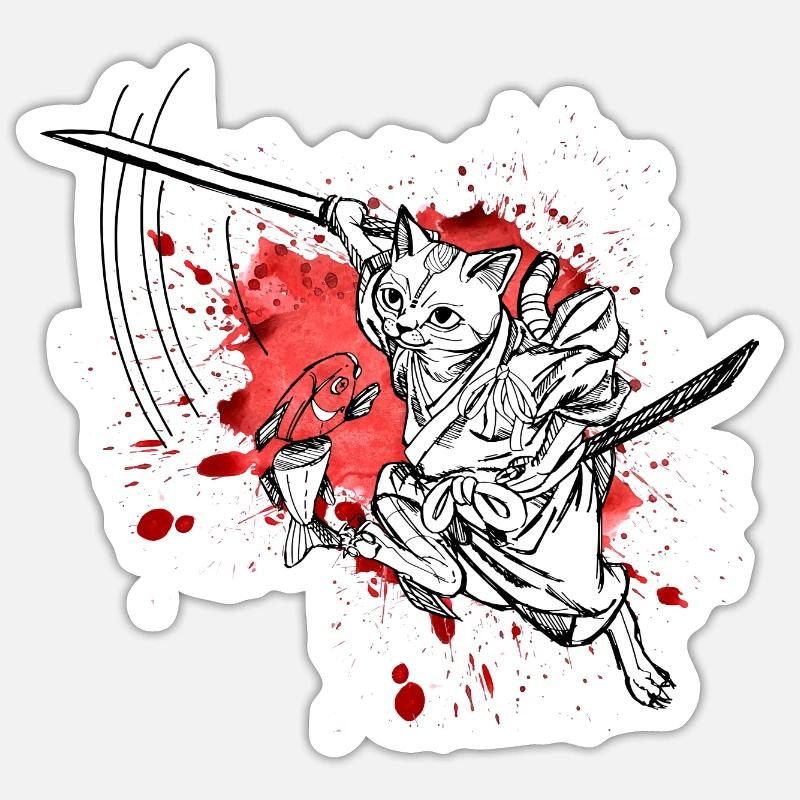 Cute samurai cat with sword and fish, splatter - Sticker size S (10 x 10 cm) - white matte