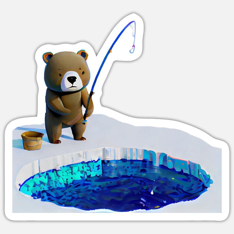 Angler Bär Eis Fischen - Sticker Größe S (10 x 10 cm) - Mattweiß