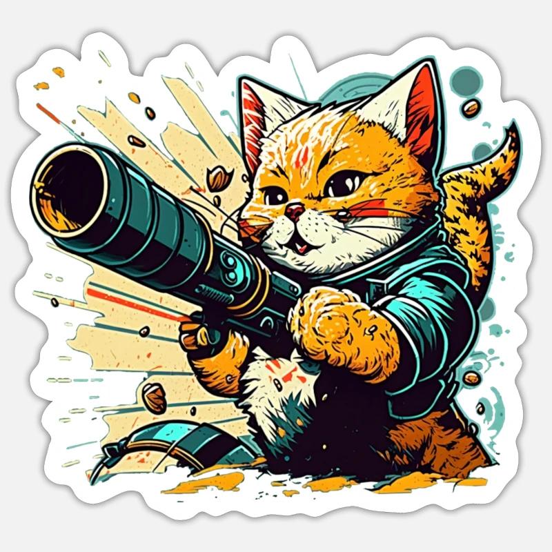 Chat et bazooka - Sticker taille S (10 x 10 cm) - blanc mat
