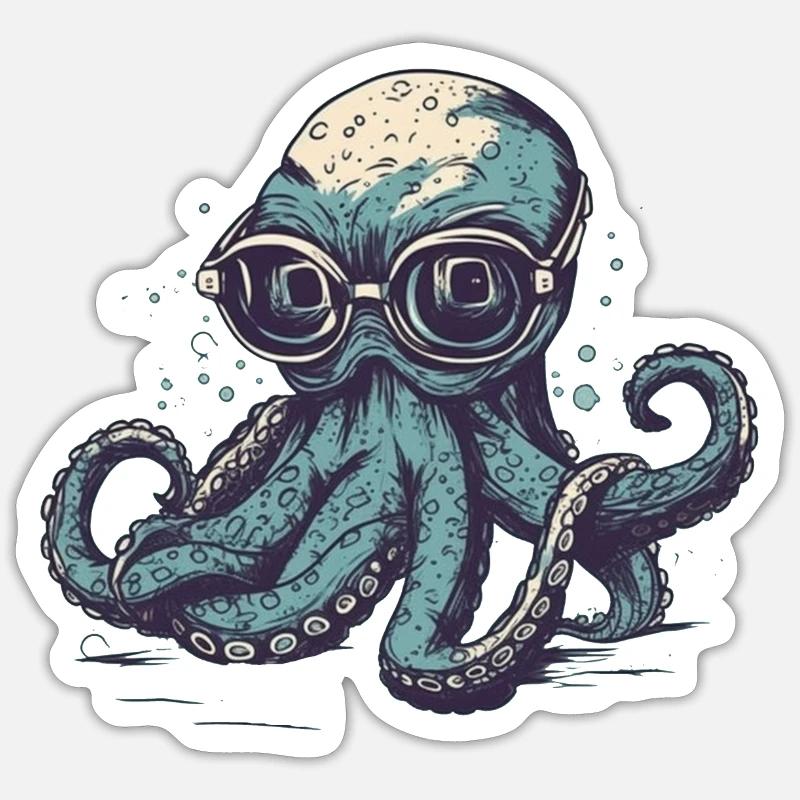 Nerdy Comic Oktopus mit Brille - Sticker Größe S (10 x 10 cm) - Mattweiß