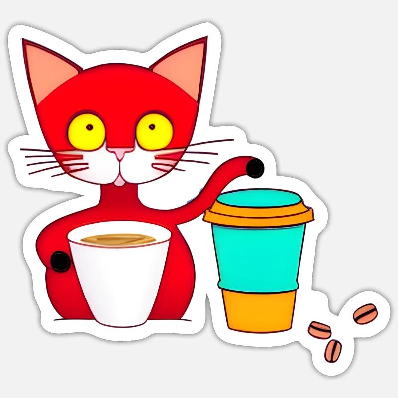 chat et café - Sticker taille S (10 x 10 cm) - blanc mat