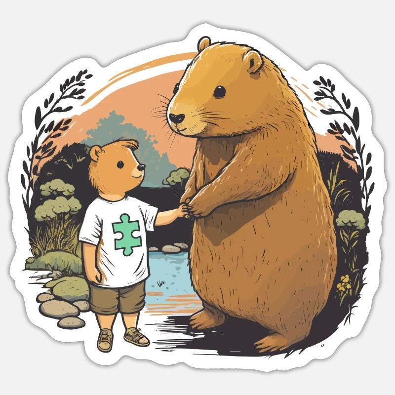 Capybara Elternteil und Austismus Zeichen Sticker Größe S (10 x 10 cm)