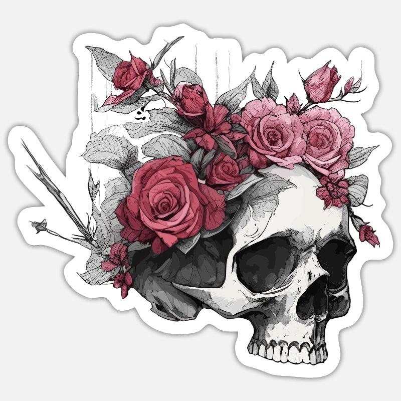 Crâne avec des roses Sticker taille S (10 x 10 cm)