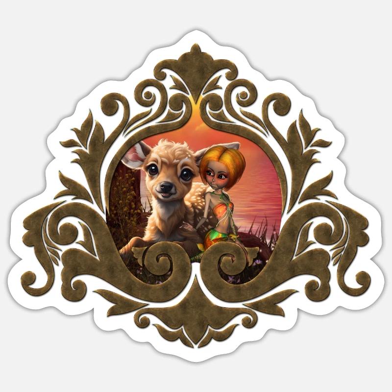 La petite fée et le faon mignon - Sticker taille S (10 x 10 cm) - blanc mat