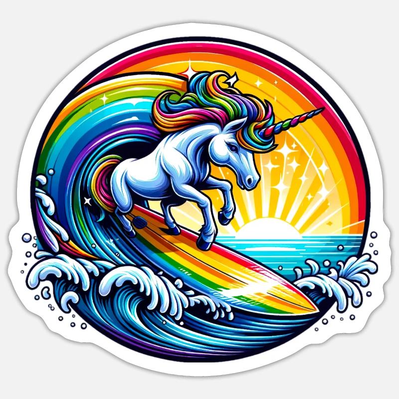 Surfendes Einhorn auf Regenbogenwelle - Sticker Größe S (10 x 10 cm) - Mattweiß