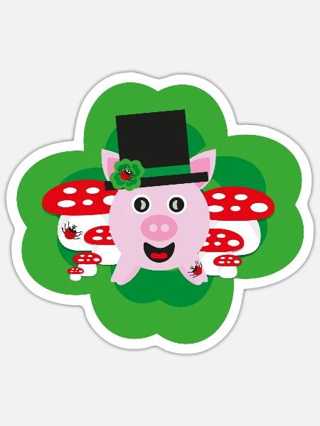 Glücksschwein mit Klee und Marienkäfer. - Sticker Größe S (10 x 10 cm) - Mattweiß