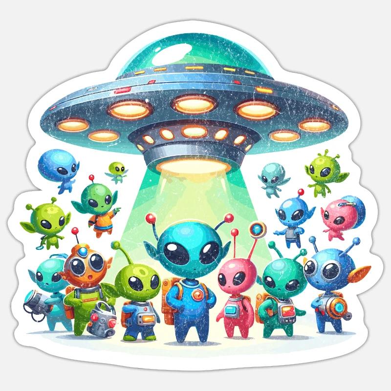 Aliens Marveling at a UFO - Sticker Größe S (10 x 10 cm) - Mattweiß