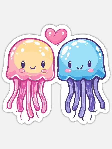 Qualle Paar Verliebt Tier Valentinstag - Sticker Größe S (10 x 10 cm) - Mattweiß