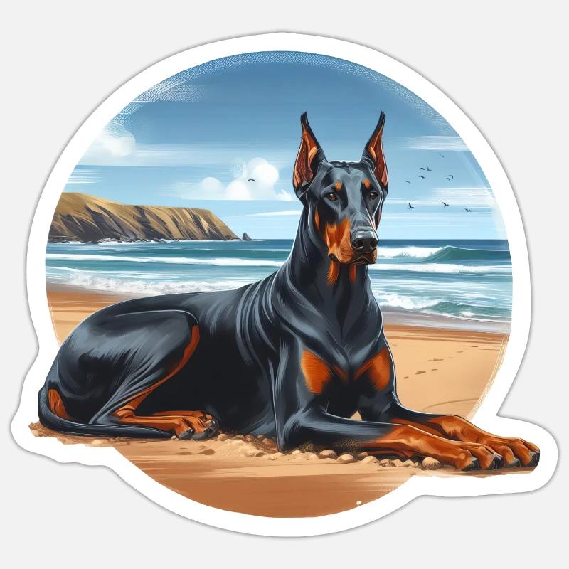 Doberman couché sur la plage Sticker taille S (10 x 10 cm)