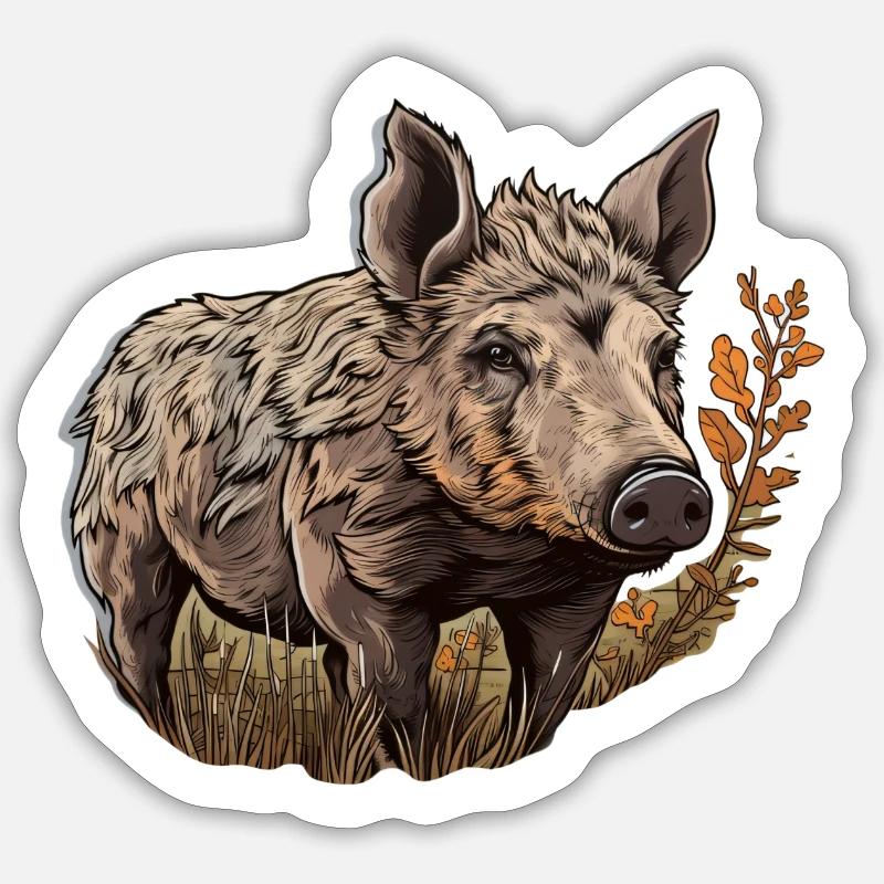 Sanglier dans un champ - Sticker taille S (10 x 10 cm) - blanc mat