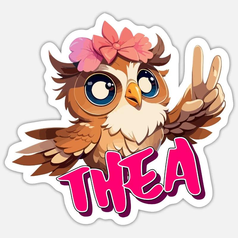 THEA - Schöner Mädchen Name mit süßer EULE Sticker Größe S (10 x 10 cm)